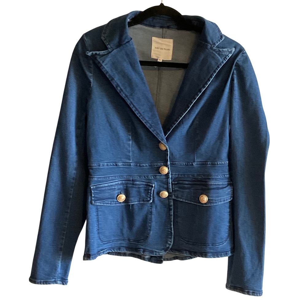 Avec Les Filles womens jean denim jacket gold button tailored‎ Y2K XS cotton